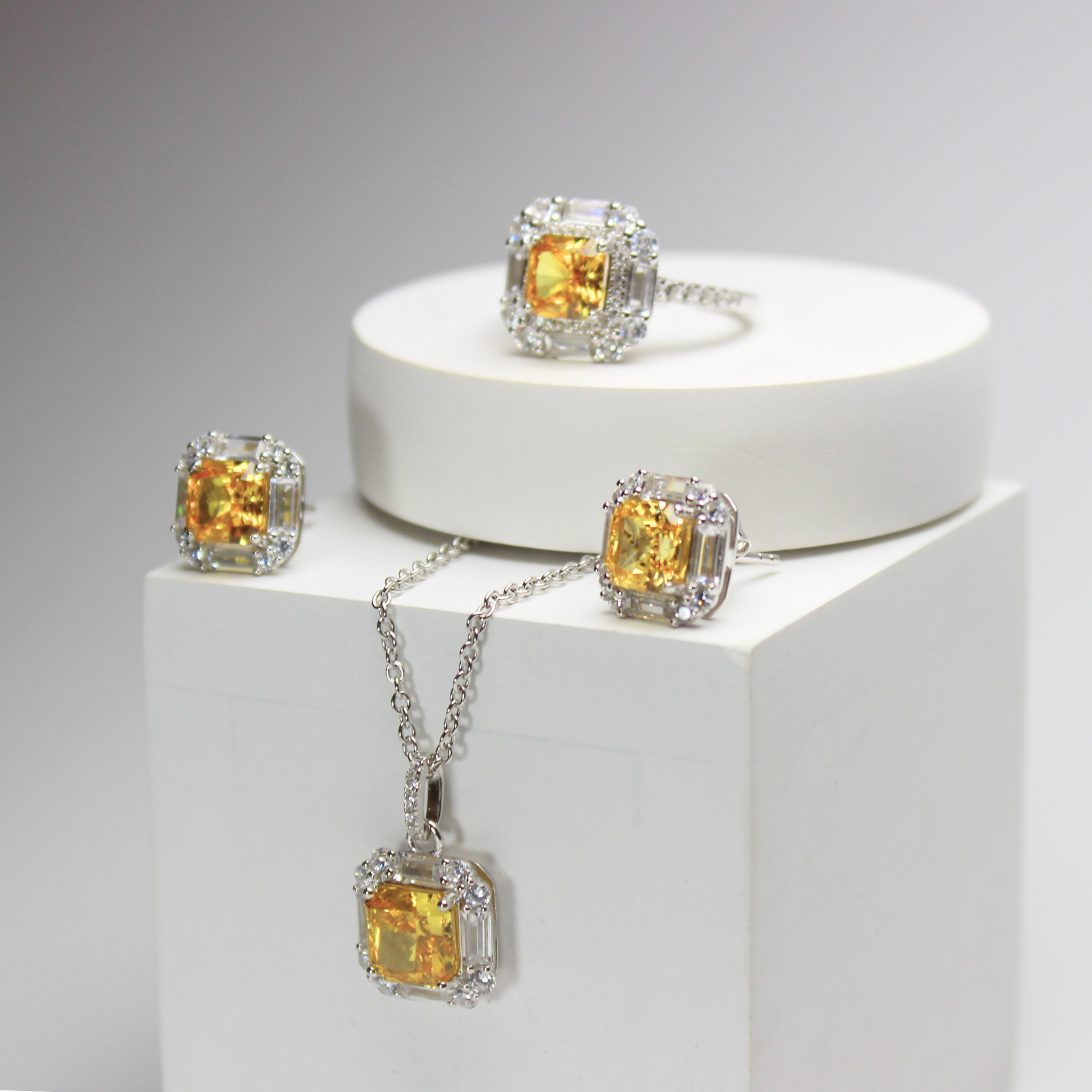 925 Sterling Silver Mimosa Jewelry Set, Bright Yellow Gemstone, Elegant & Trendy