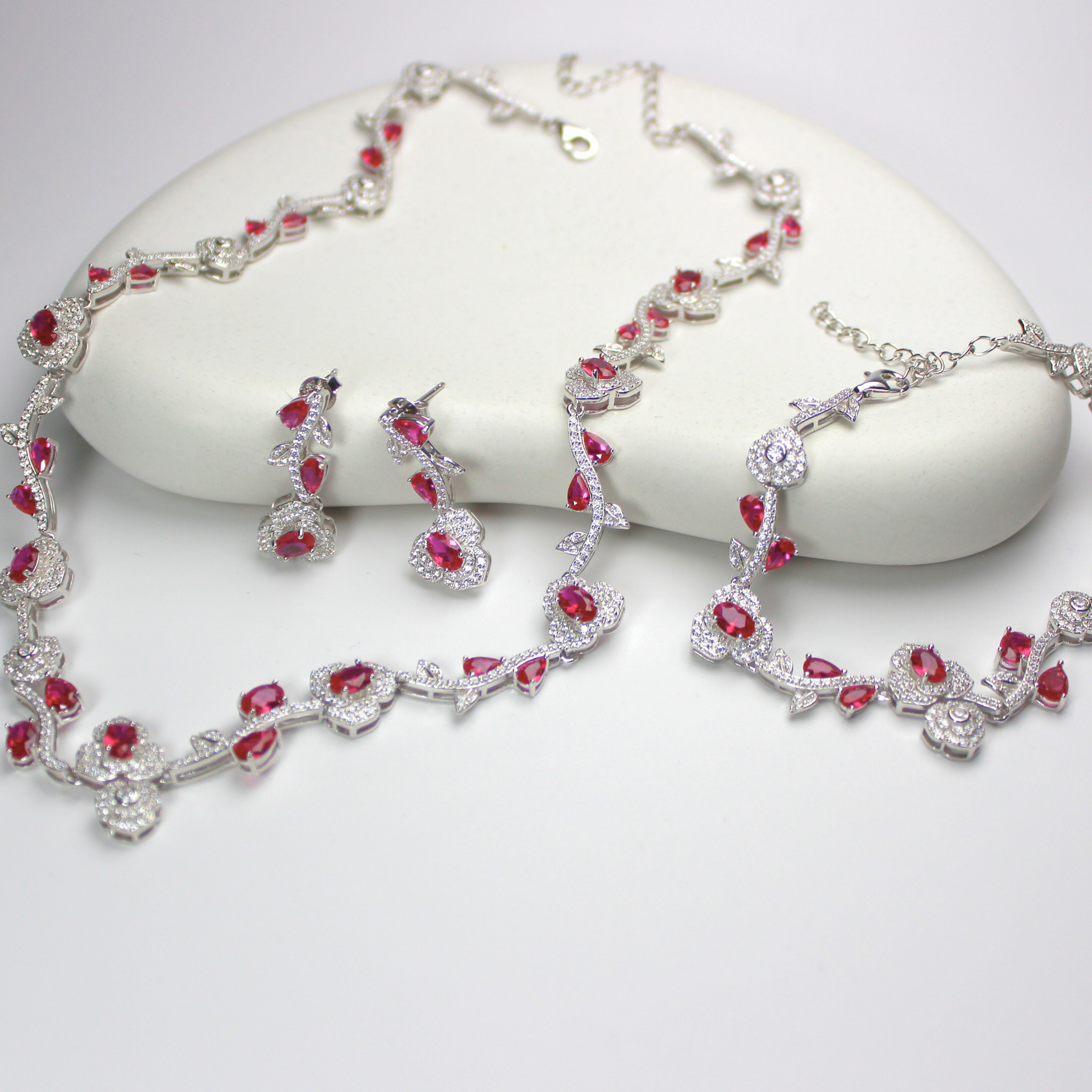 925 Sterling Silver Ruby Jewelry Set, Red Gemstone Necklace, Earrings & Bracelet, Hypoallergenic & Tarnish-Free Luxury Jewelry