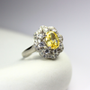 Saffra Ring in 92.5 sterling silver, featuring a stunning yellow gemstone surrounded by delicate sparkling diamonds. Tarnish-free, hypoallergenic, and perfect for sensitive skin—radiating warmth, elegance, and timeless charm.